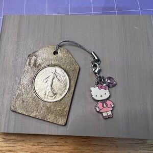 Hello Kitty Keychain with Heart Charm with decorative French 5 Franc coin